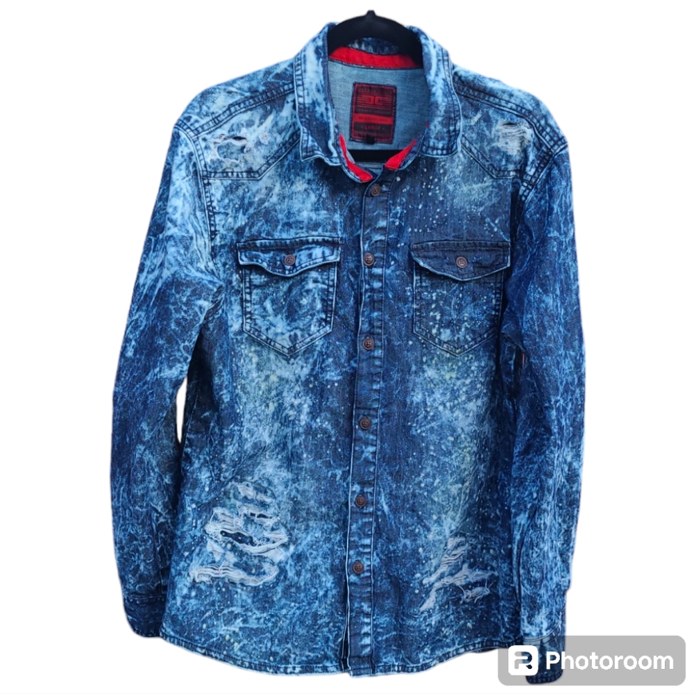 Jordan Craig distressed denim button down shirt‎ jacket Large Men's